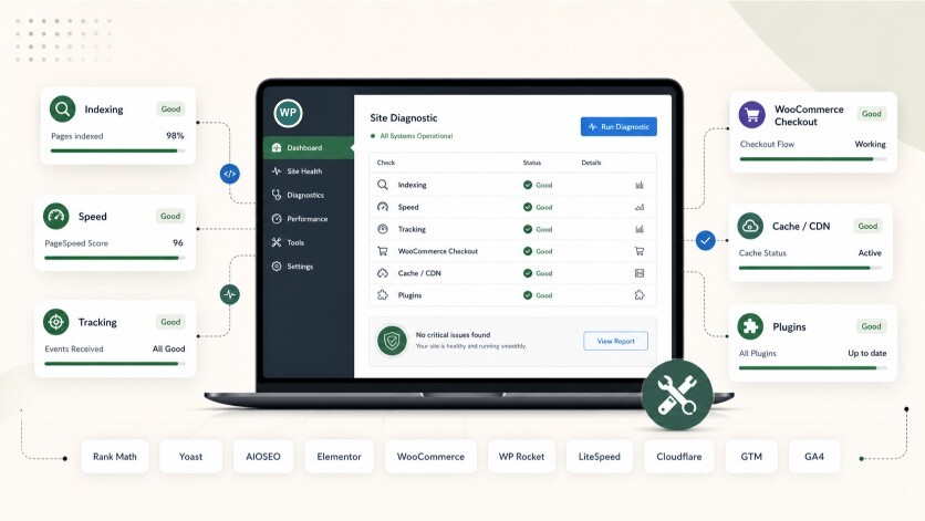 WordPress diagnostic dashboard illustration
