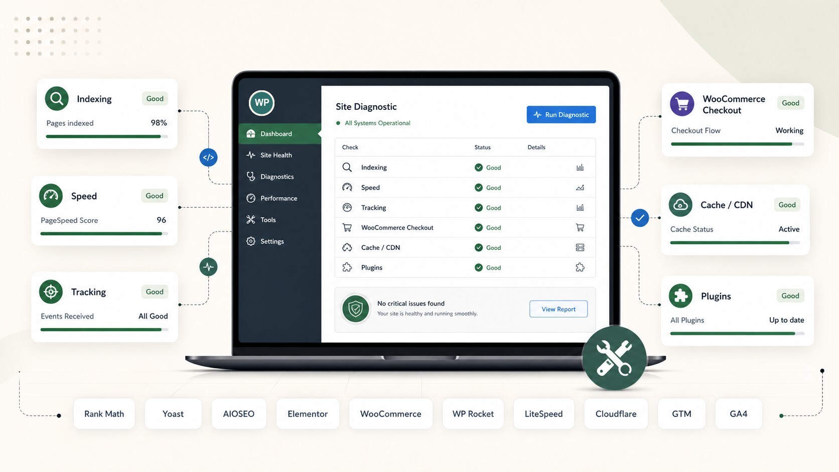 WordPress diagnostic dashboard illustration